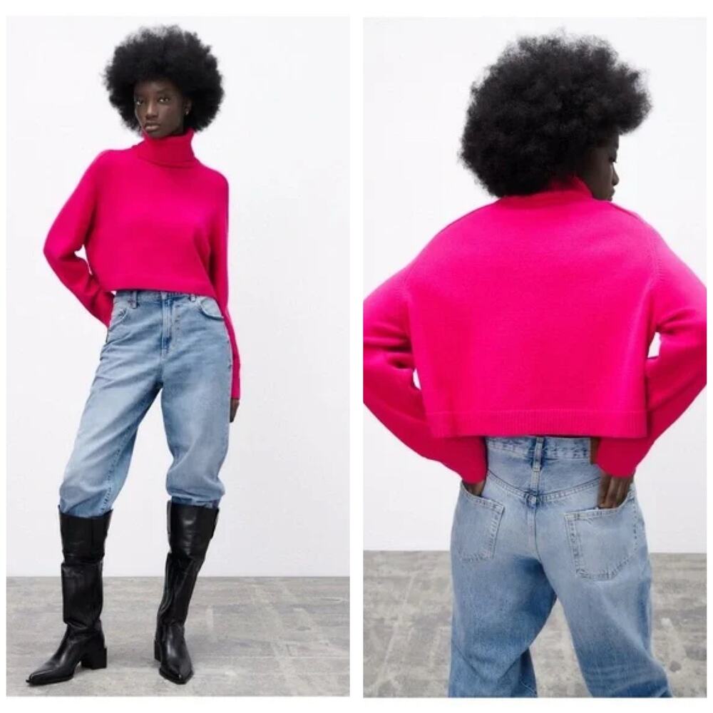 NWT Zara Pink Cropped Sweater Size Small Barbie Soft Casual Dopamine